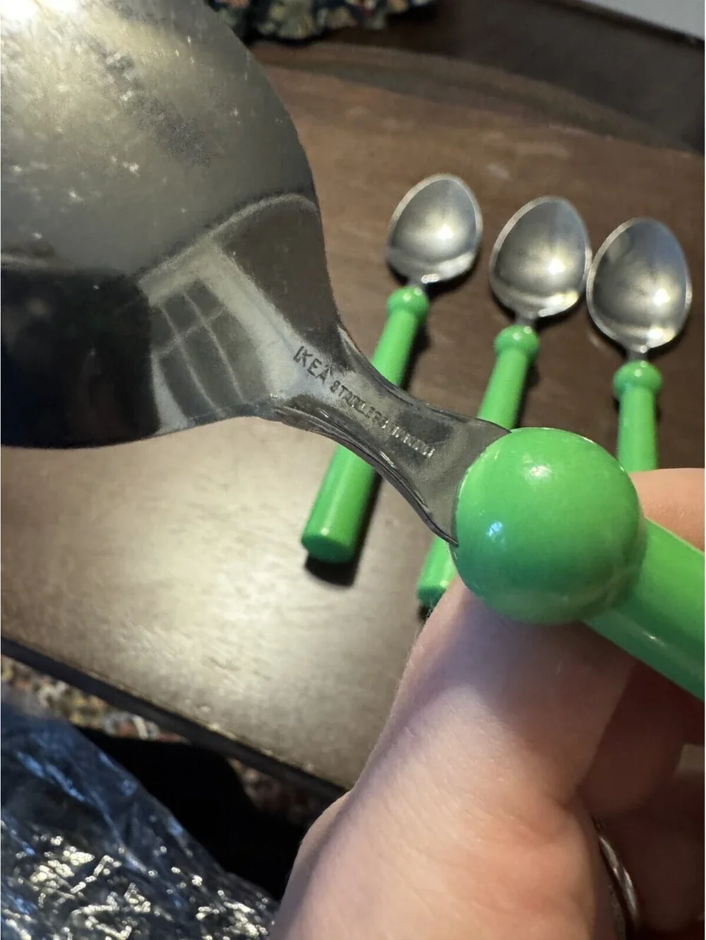 5 IKEA Vtg Green Handle Stainless Flatware Silverware Set Large Spoons